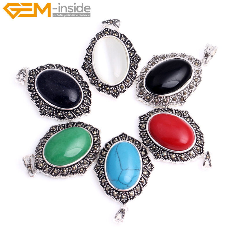 Silver Marcasite Tibetan Oval Turquoise Cat Eye Beads Jewelry Pendant Necklace