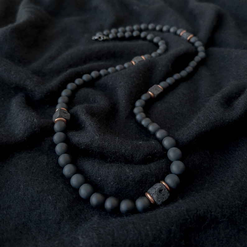 Matte 8mm Beads Black Onyx Men’s Necklace Cube Lava Stone Healing Reiki Crystal