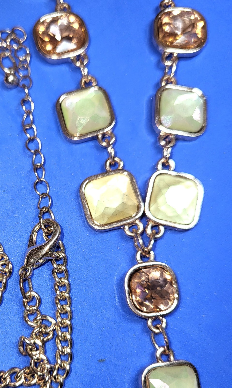 Rose Gold Pink & Yellow Rhinestones Necklace 32″ Plus 3″ Drop And 3″ Extend NWOT