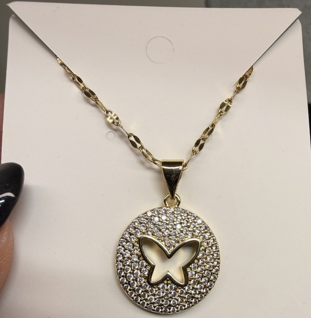Gold Plated Pavé CZ Butterfly Pendant Chain Necklace