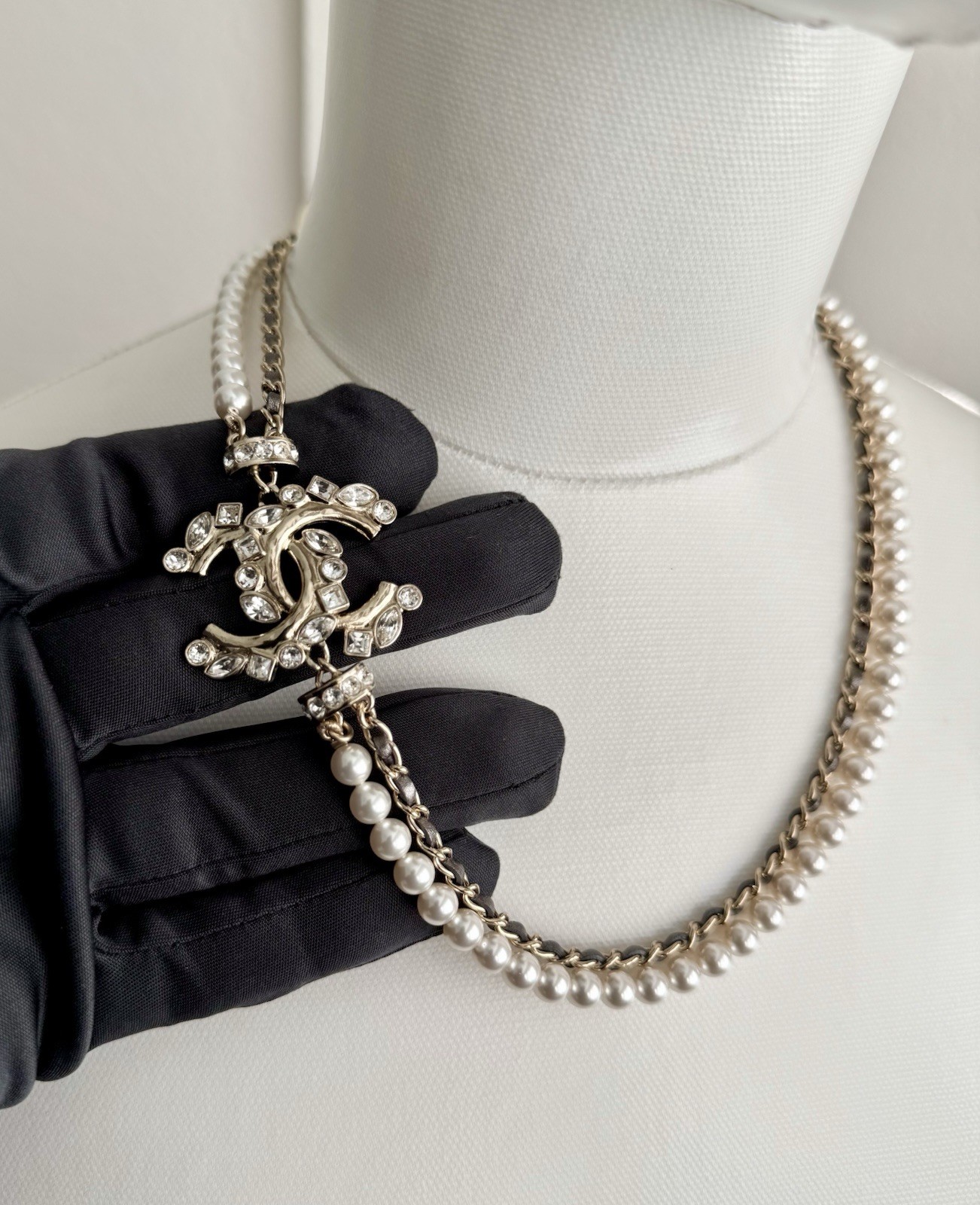 Chanel Pearl Crystal CC Necklace Bronze Leather 23P Adjustable Light Gold Chain