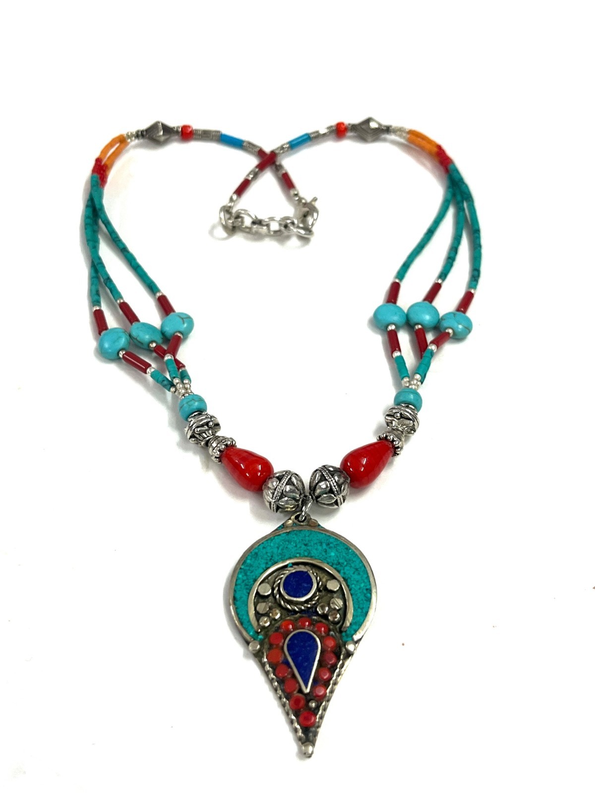 Antique Turquoise Coral Gemstone Tibetan Boho Necklace Jewelry, 17 inch Adjus