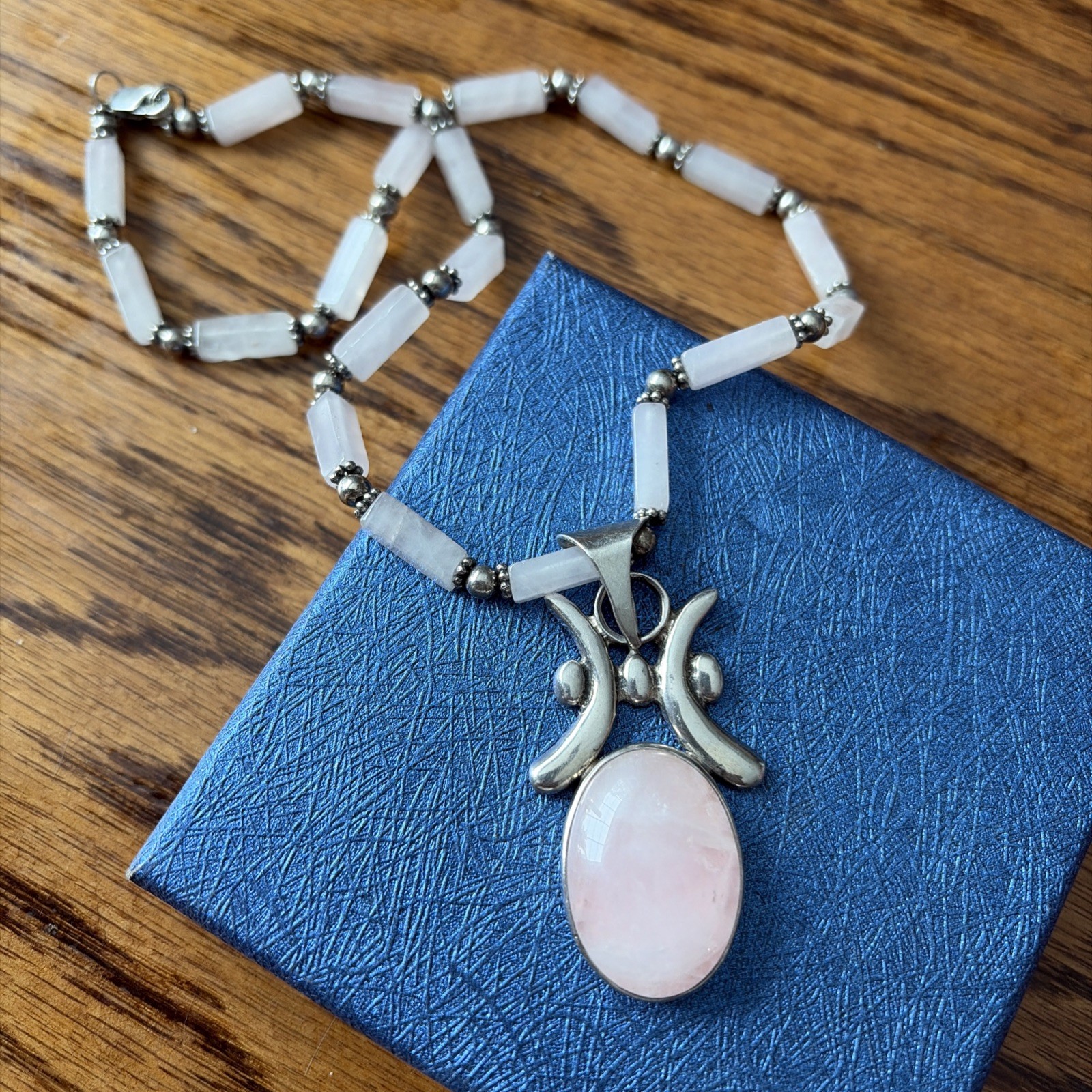 .925 Sterling Silver Rose Quartz Beads Pendant Necklace 31.9g 16 Inch
