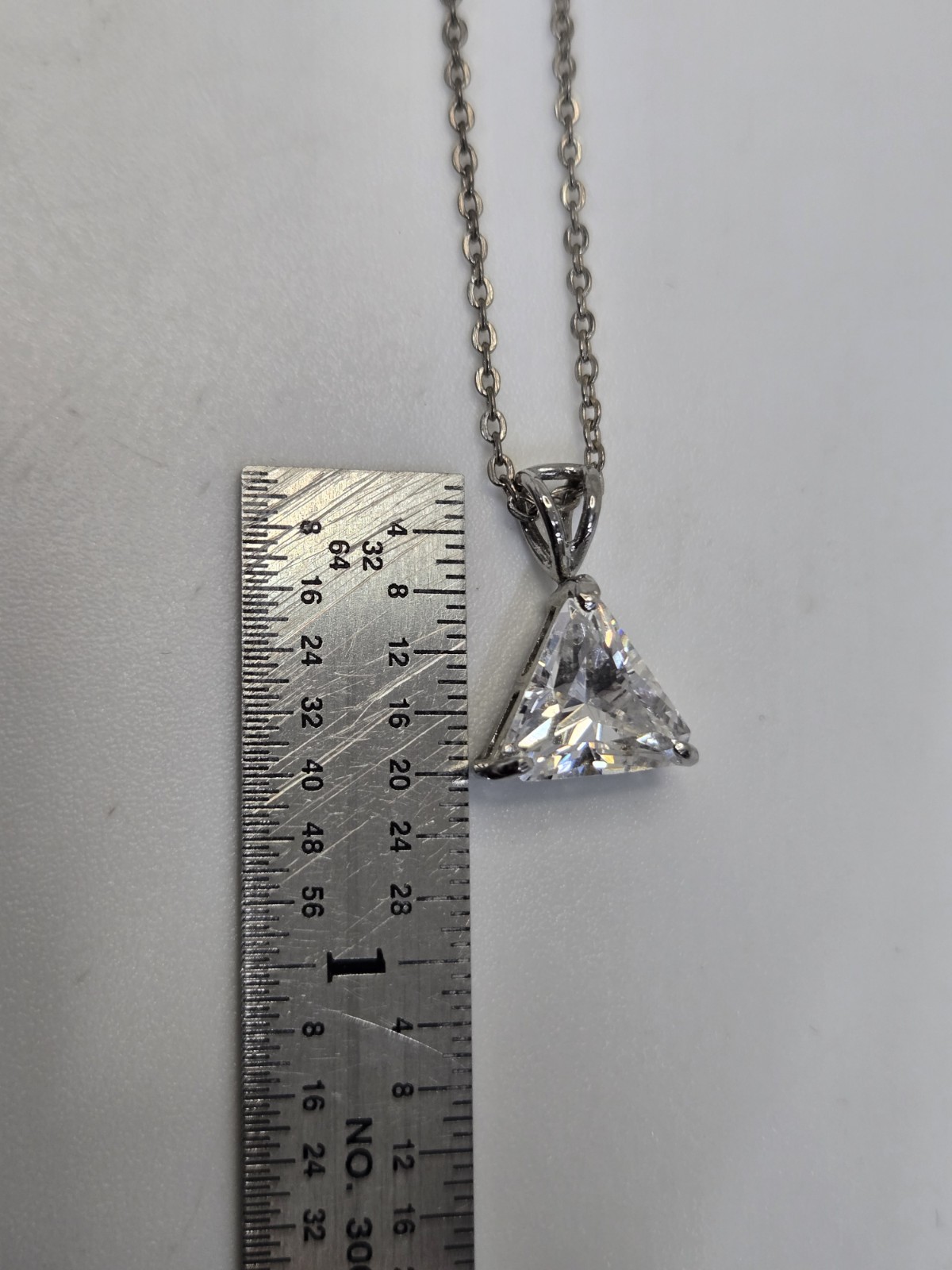 Trillion Cut Cubic Zirconia Solitaire Pendant Necklace Silver Tone 18″ Chain