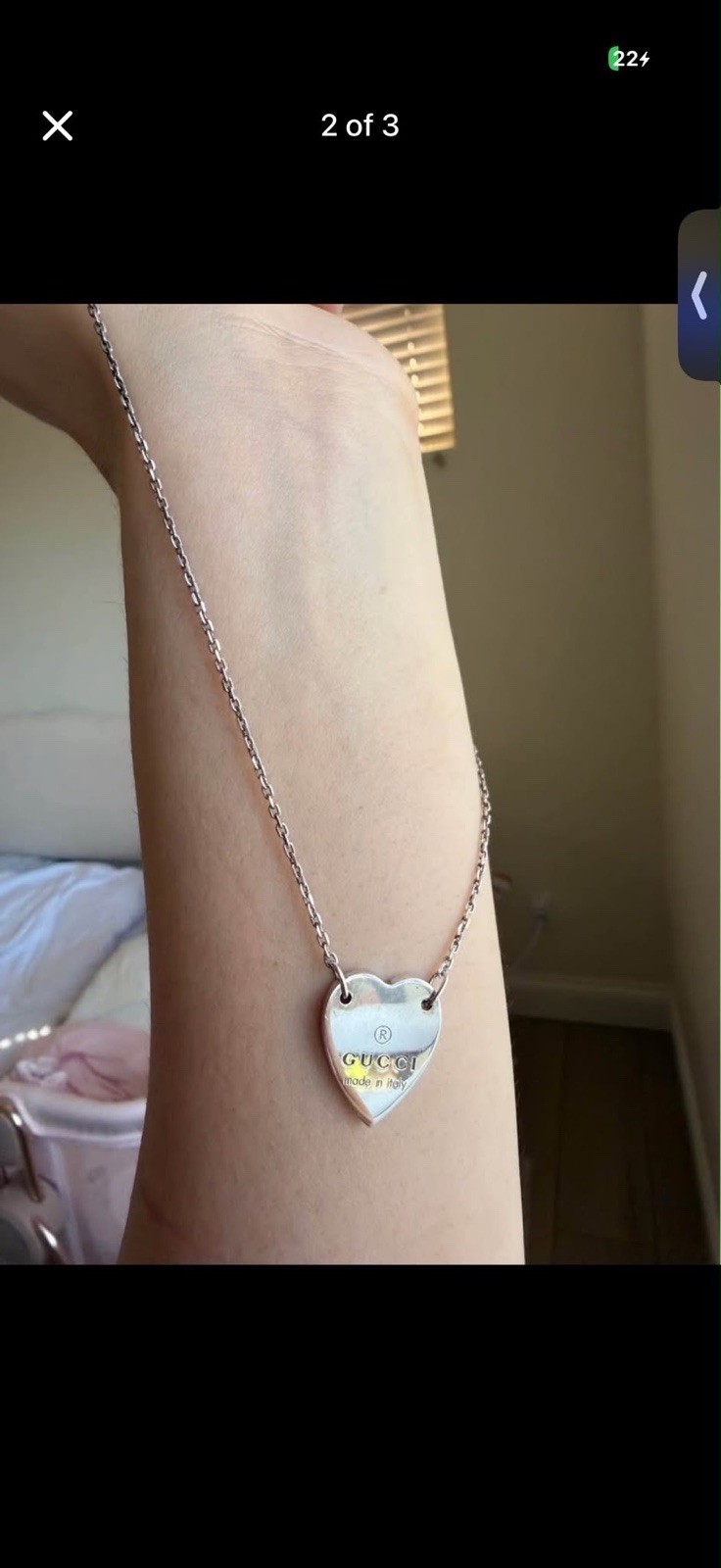 Gucci Silver Heart Charm Pendant Necklace Cable Chain Lobster Closure Italy