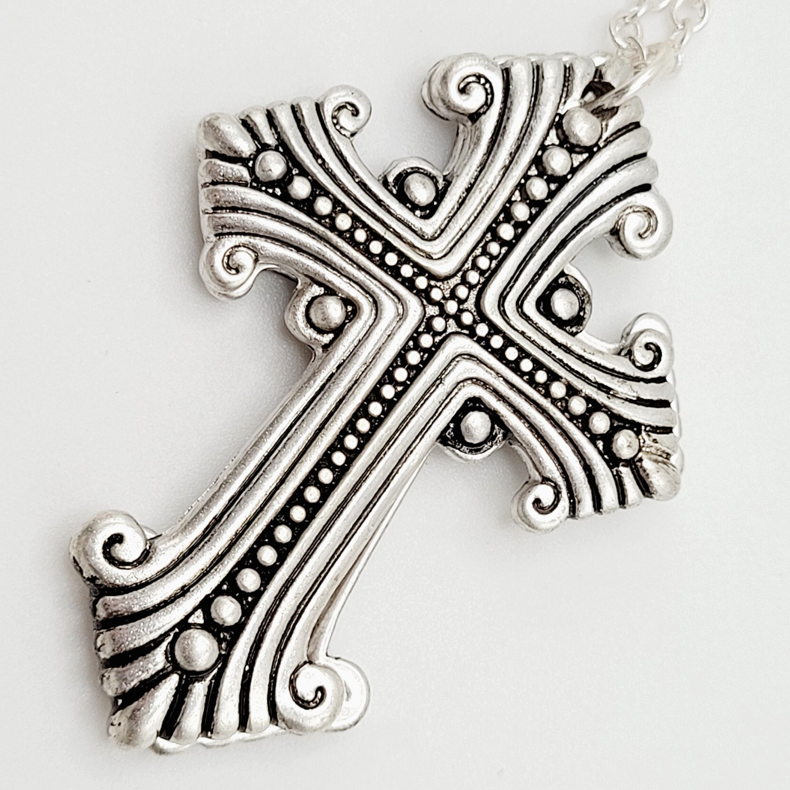 Modern Slide Cross Heart Charm Serenity Prayer Roman Style Silver Tone Necklace