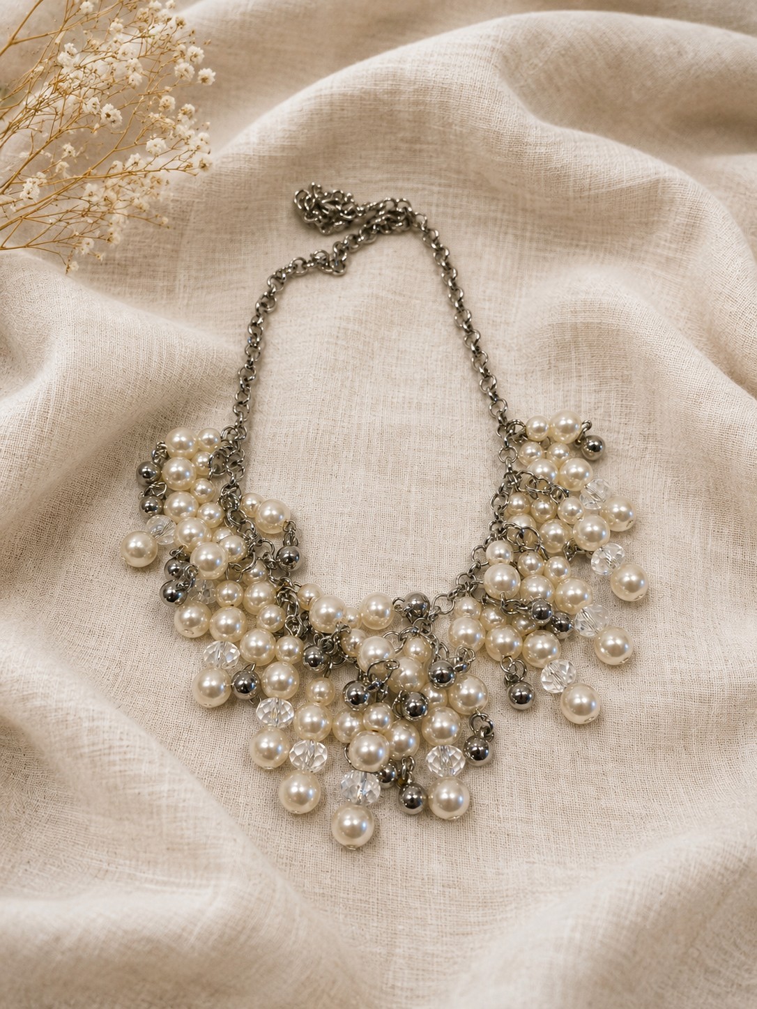 Silver Tone Faux Pearl Crystal Cluster Statement Bib Necklace Bridal Prom