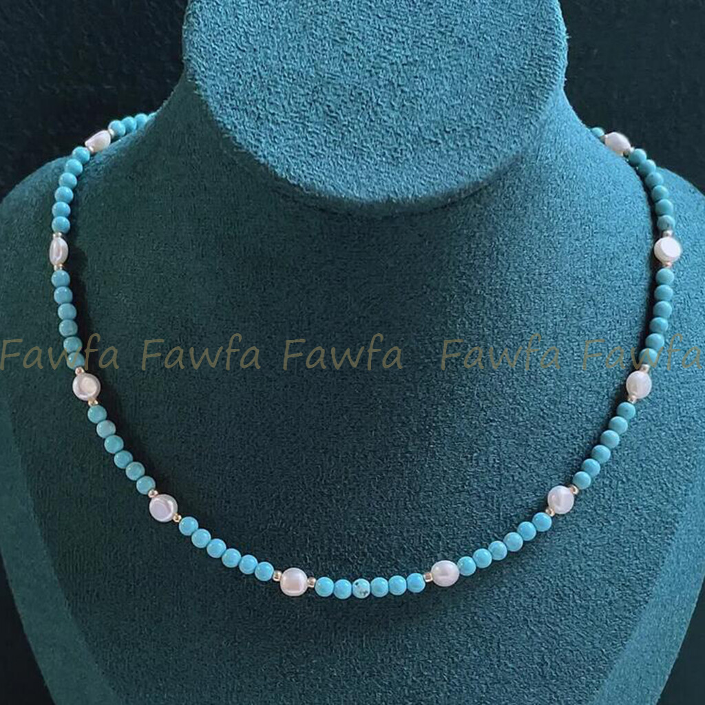 4mm Natural Turquoise Round Gems Beads 6-7mm White Baroque Pearl Necklace 14-36″