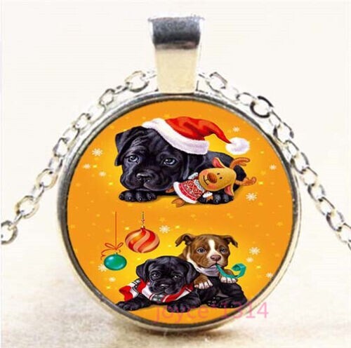 New! CHRISTMAS DOGS Vintage Photo Cabochon Glass Silver Chain Pendant Necklace