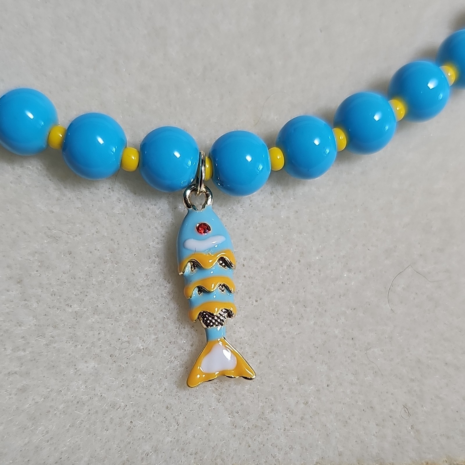 Handmade Blue & Yellow Glass Beaded Necklace w Enamel Fish Charm & Lobster Clasp