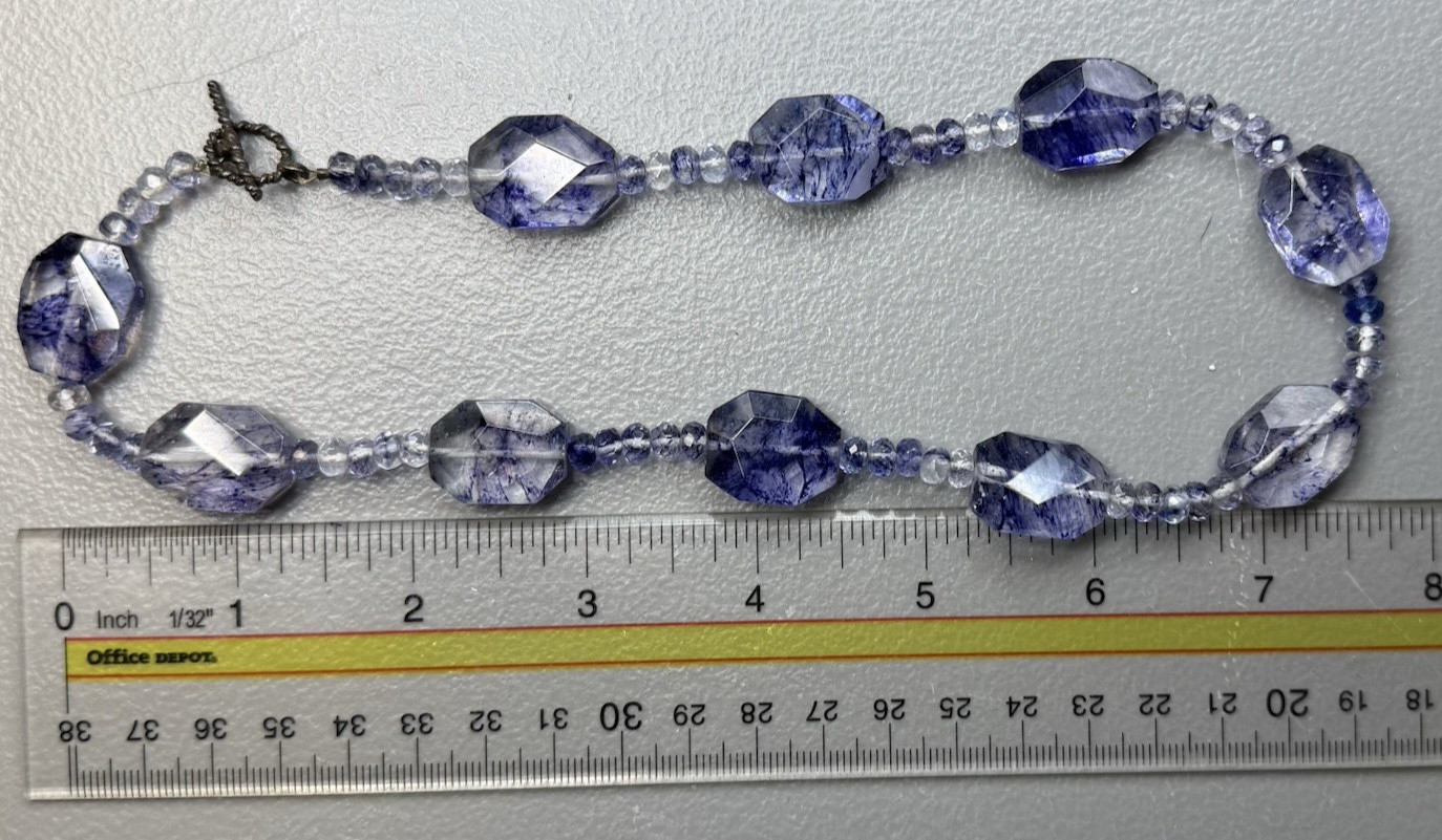Faceted Oval Clear With Blue Purple Inclusions Glass Bead Necklace 17”