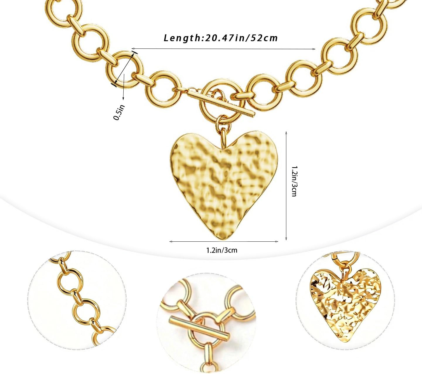 Chunky Gold Heart Cross Necklace for Women, 14K Gold Plated Layering Toggle Clas