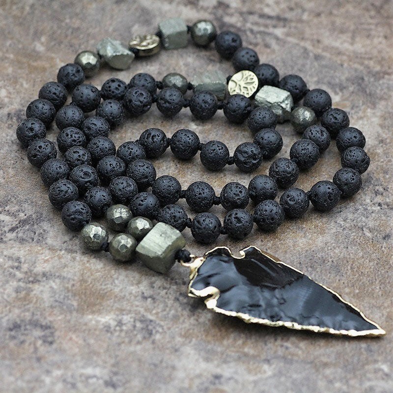 Natural Lava Rock Volcano Stone Beaded Necklace Obsidian Arrow Charm Necklace