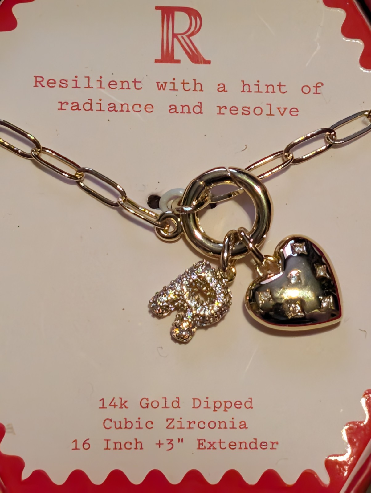 A New Day 14k Gold Dipped Initial R Charm Necklace Heart Cubic Zirconia