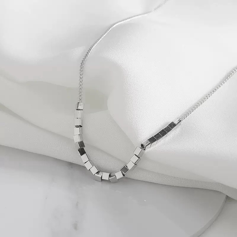 925 Silver Cube Bead Necklace Dainty Geometric Box Chain Choker Necklace 007