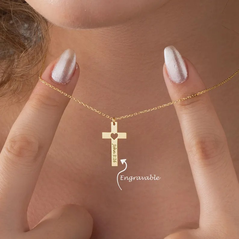 Custom Engraved Cross Necklace with Heart Personalized Faith Necklace for women