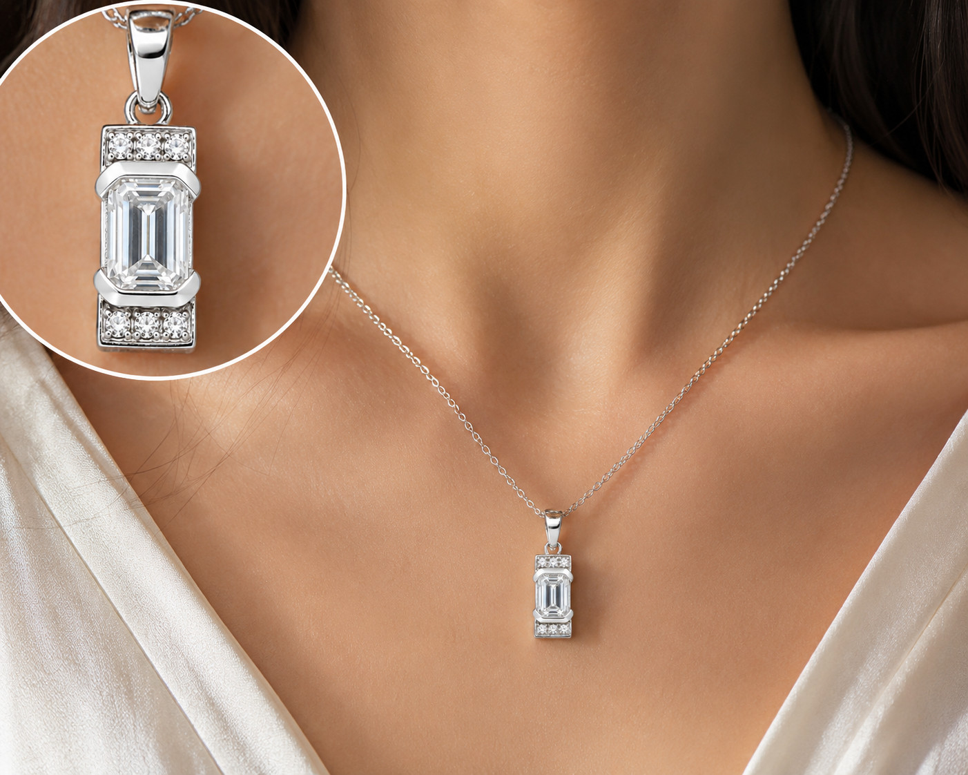 1.20 Ct Emerald Cut Lab Grown Diamond 925 Sterling Silver Pendant Gift For Women