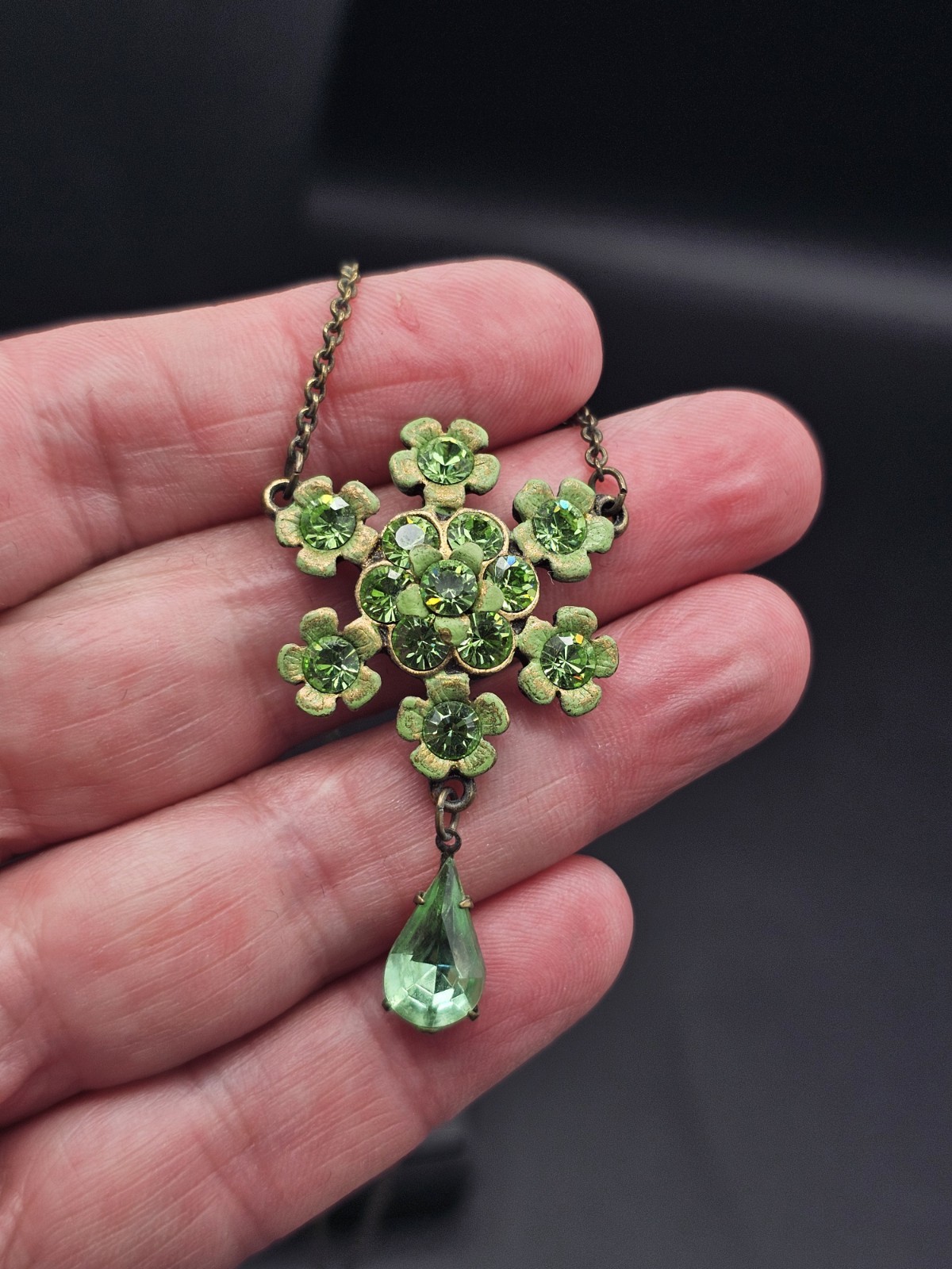 Signed Michal Negrin Peridot Green Swarovski Crystal Floral Necklace Bronze Tone