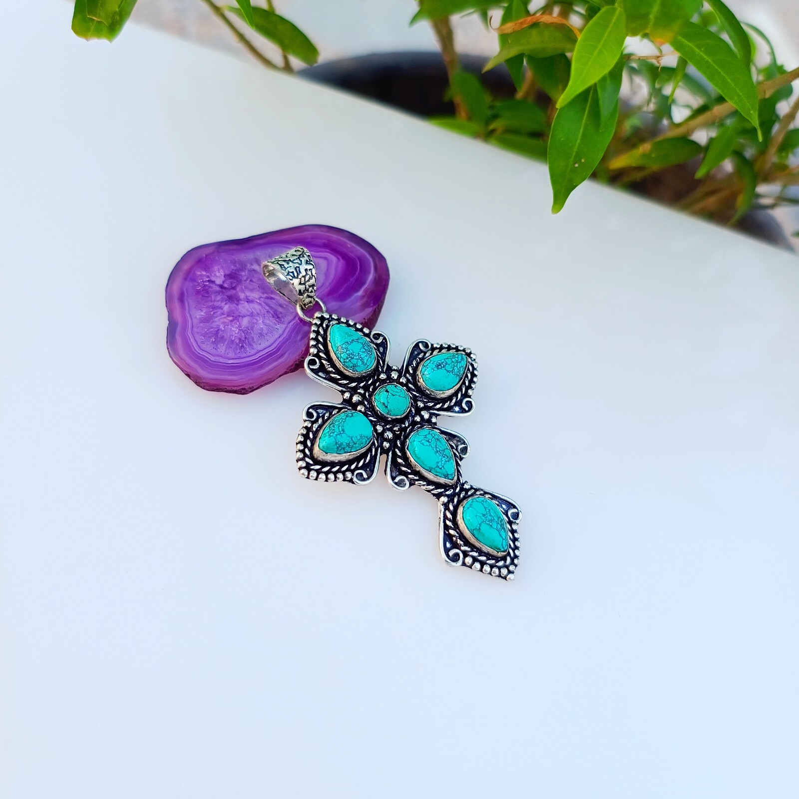 Turquoise Cross Pendant 925 Sterling Silver Handmade Gemstone Jewelry 2.55″