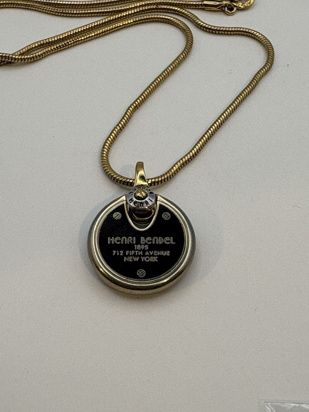 Henri Bendel Lock Pendant Necklace Brown White Stripe Gold Tone Snake Chain