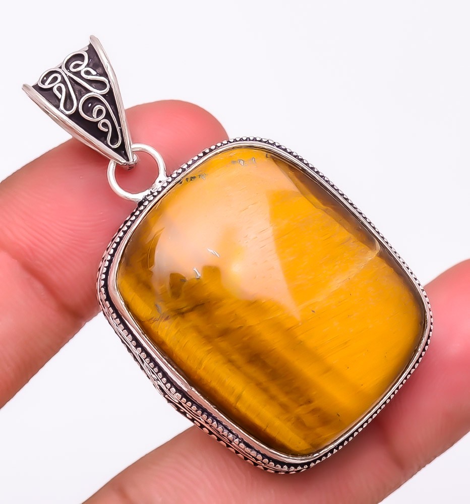 Natural Tiger’S Eye Gemstone 925 Silver Plated Pendant 2.0″ F2574