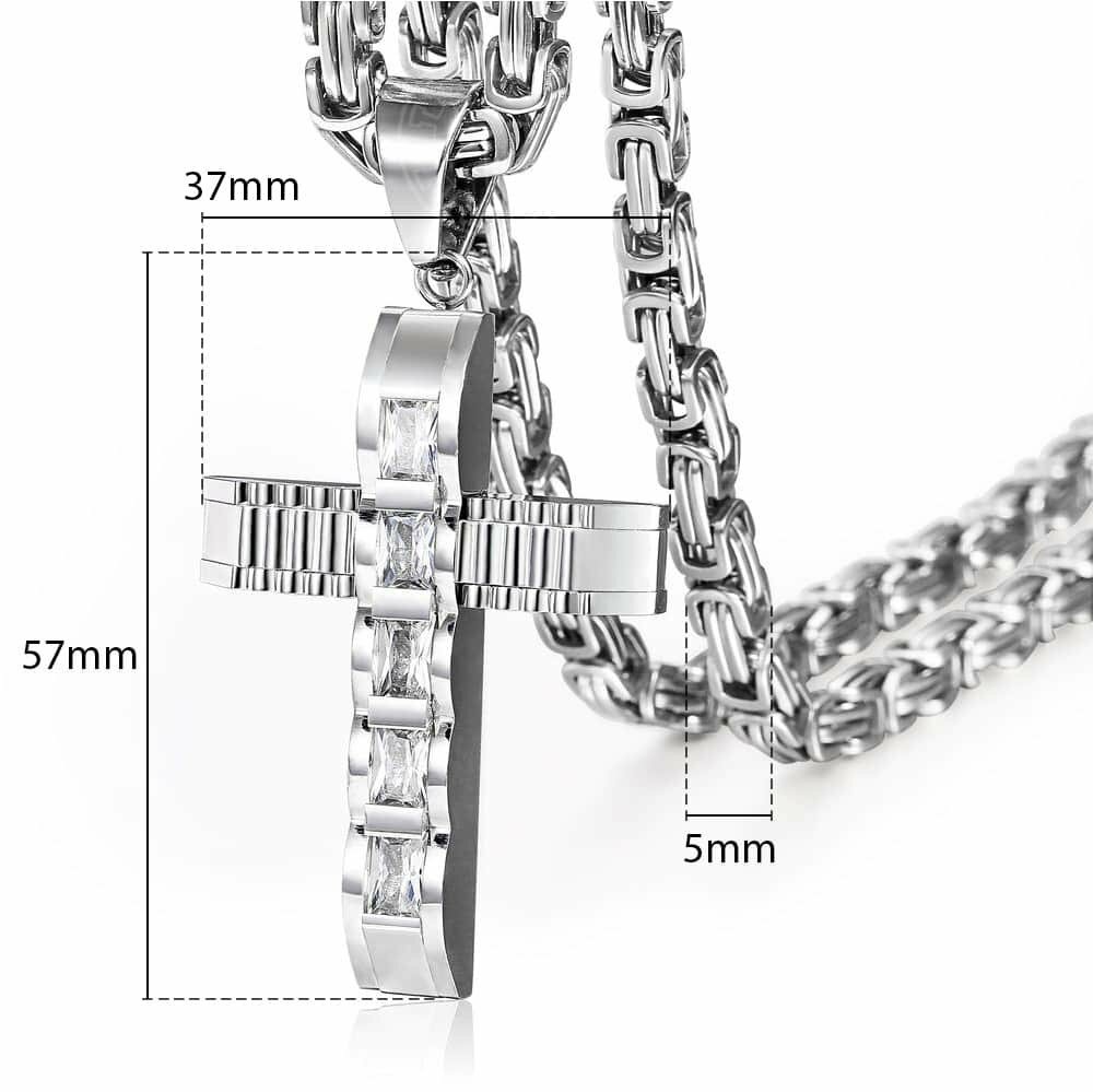 Cubic Zirconia CZ Cross Necklace Pendant Stainless Steel Byzantine Box Chain Men