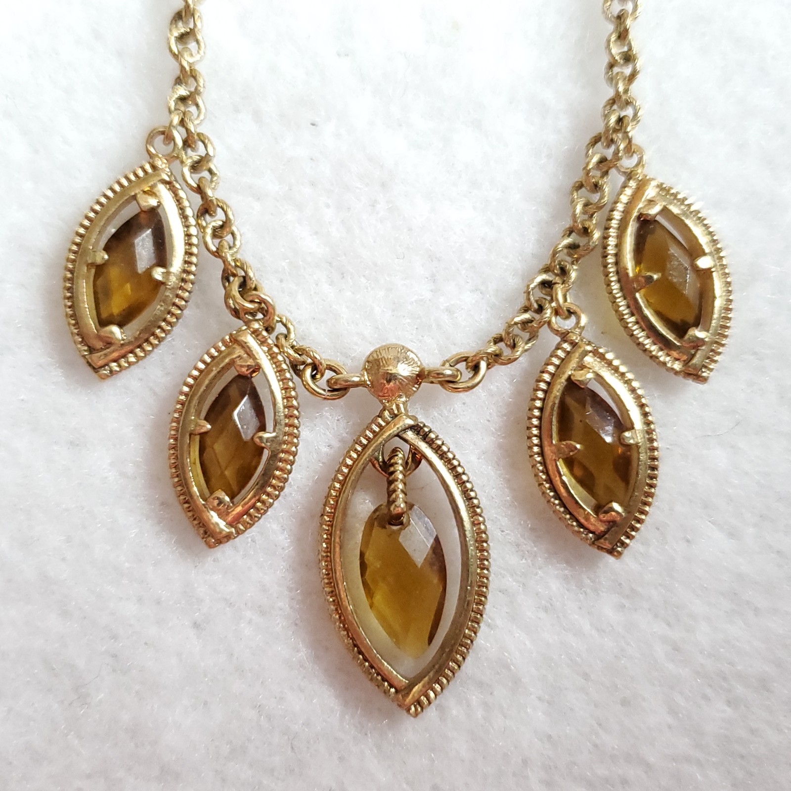 Monet Necklace Gold Tone Charm Dangles Faceted Yellow Glass 15-17.5″