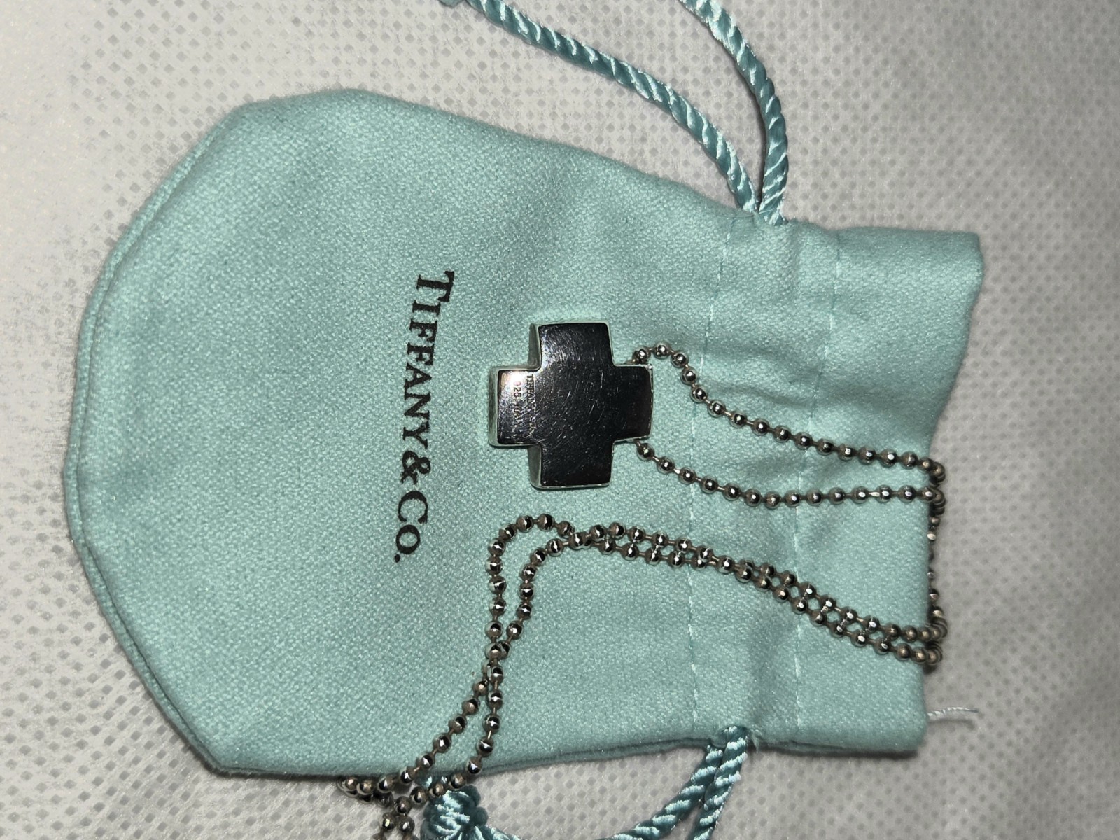 Tiffany & Co. 925 Sterling Square Roman Cross On Ball Chain Necklace Signed