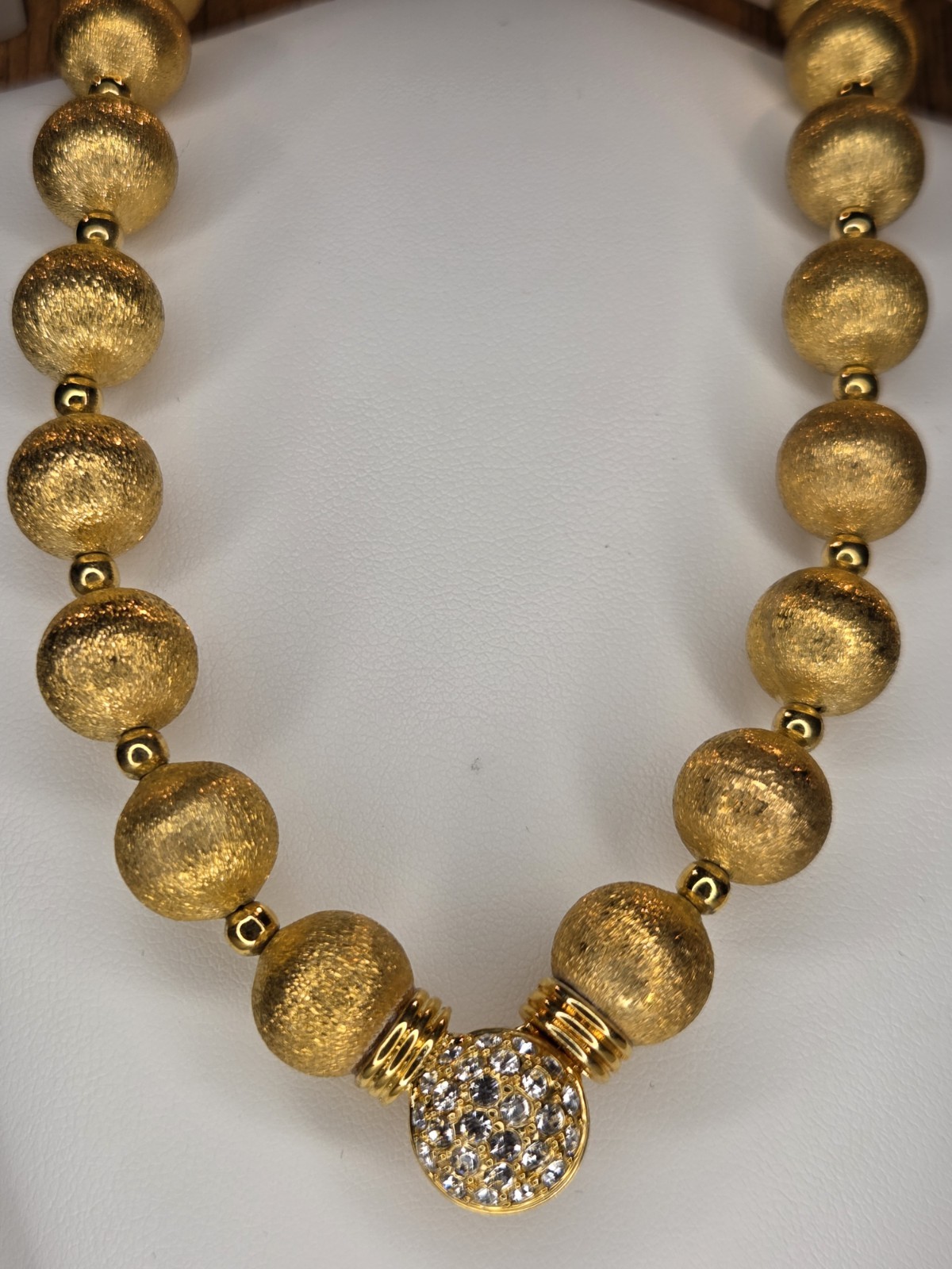 Gold Tone Beaded Necklace, Pavé White Crystal Round Charm Magnetic Snap Clasp