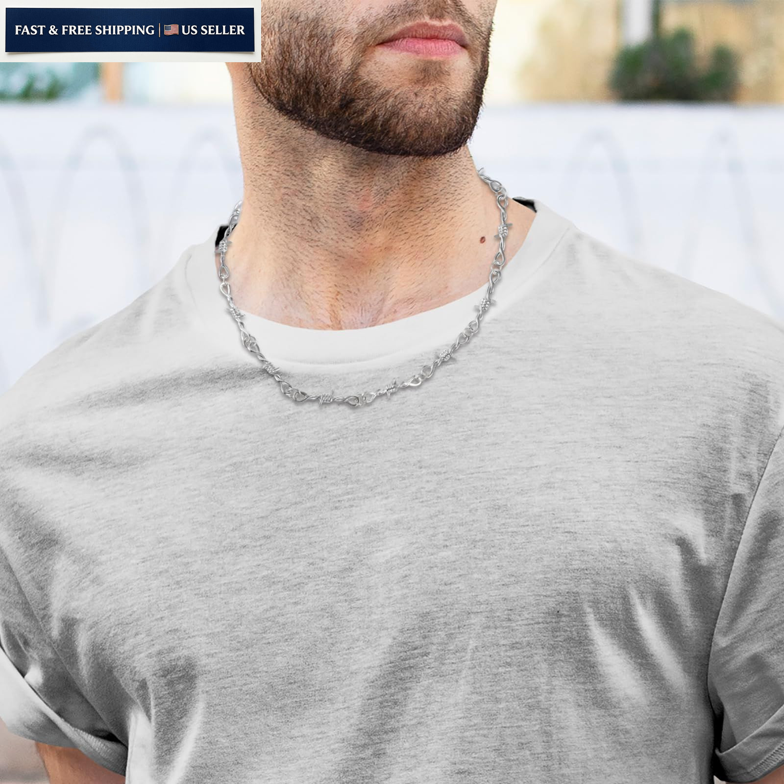 Yolev Barbed Wire Necklace and 10.5 cm (necklace) + 23 (bracelet), Silver