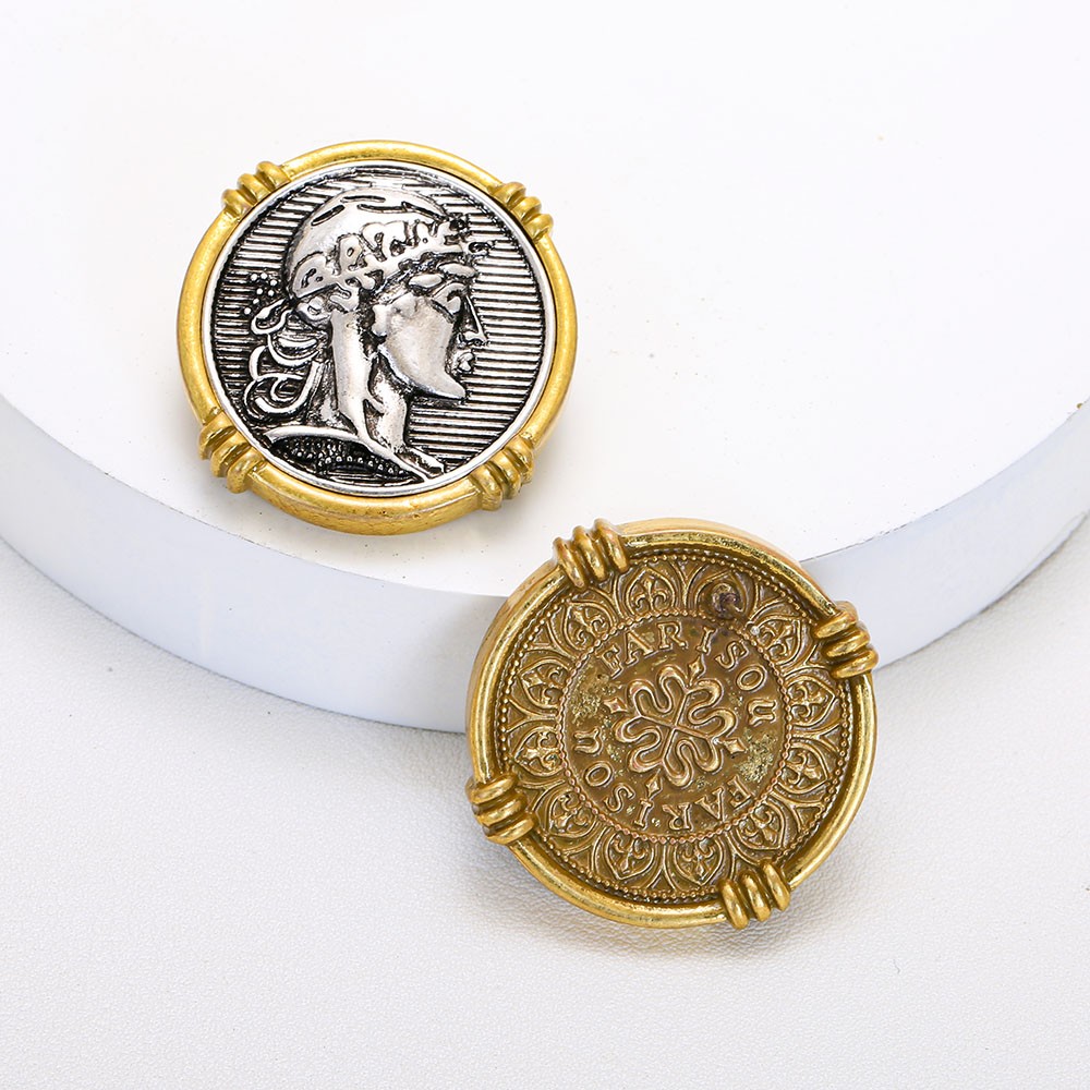 Two-Tone Gold Silver Big Coin Pendant Set Vintage Chunky Link Necklace Earrings