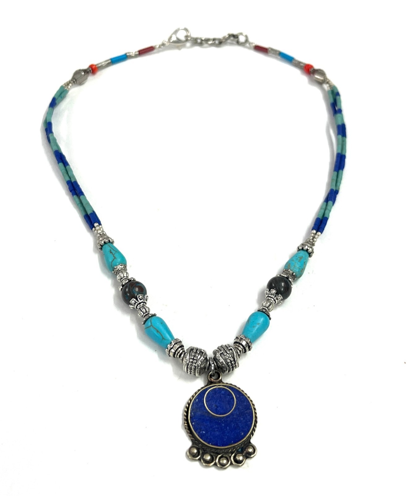 Nepalese Lapis Turquoise Gemstone Tibetan Necklace Jewelry, 17 inch Adjus