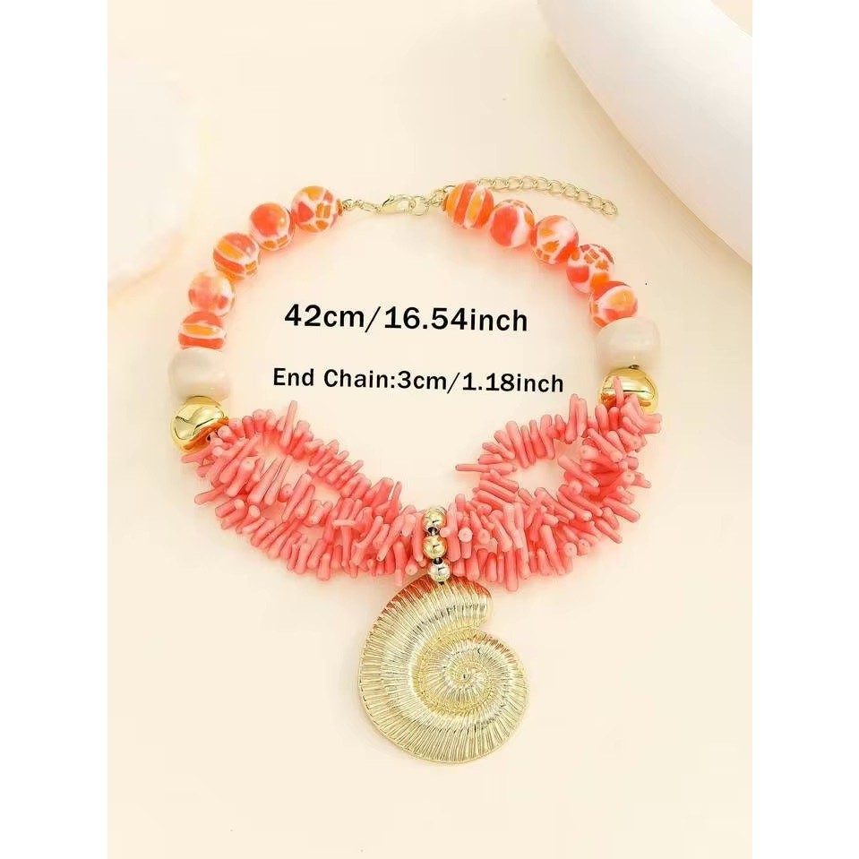 NWT Ocean Vacation Multi-Strand Faux Coral & Gold Shell Statement Necklace
