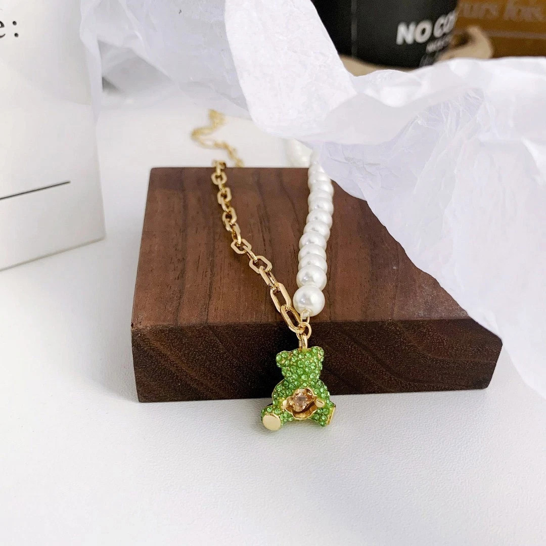 Swarovski Pearl Teddy Bear Necklace Beating Heart Gold Tone Women Gift