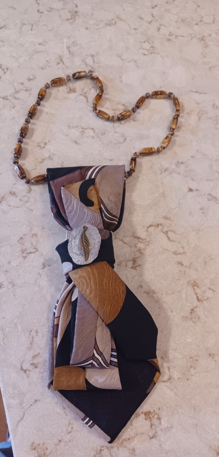 Handcrafted Necktie Necklace Brushed Silver And Gold Brooch