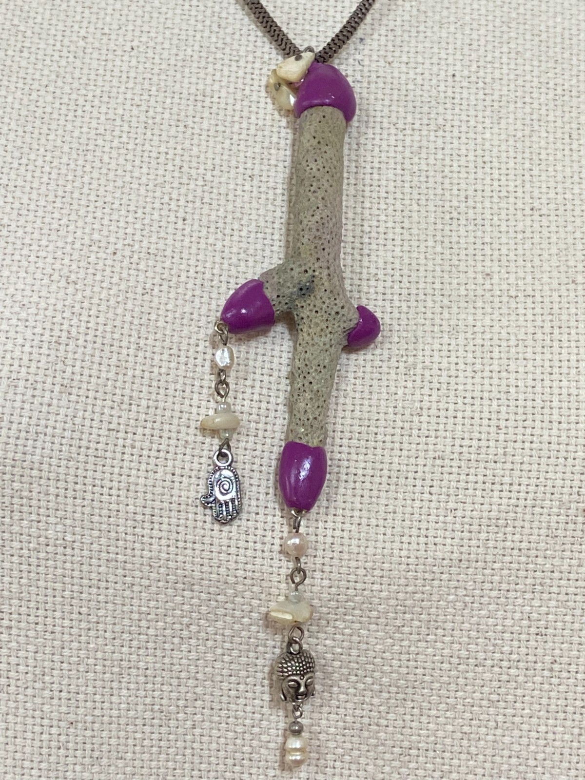 Handcrafted Coral Necklace with Purple Clay Accents and Spiritual Charms