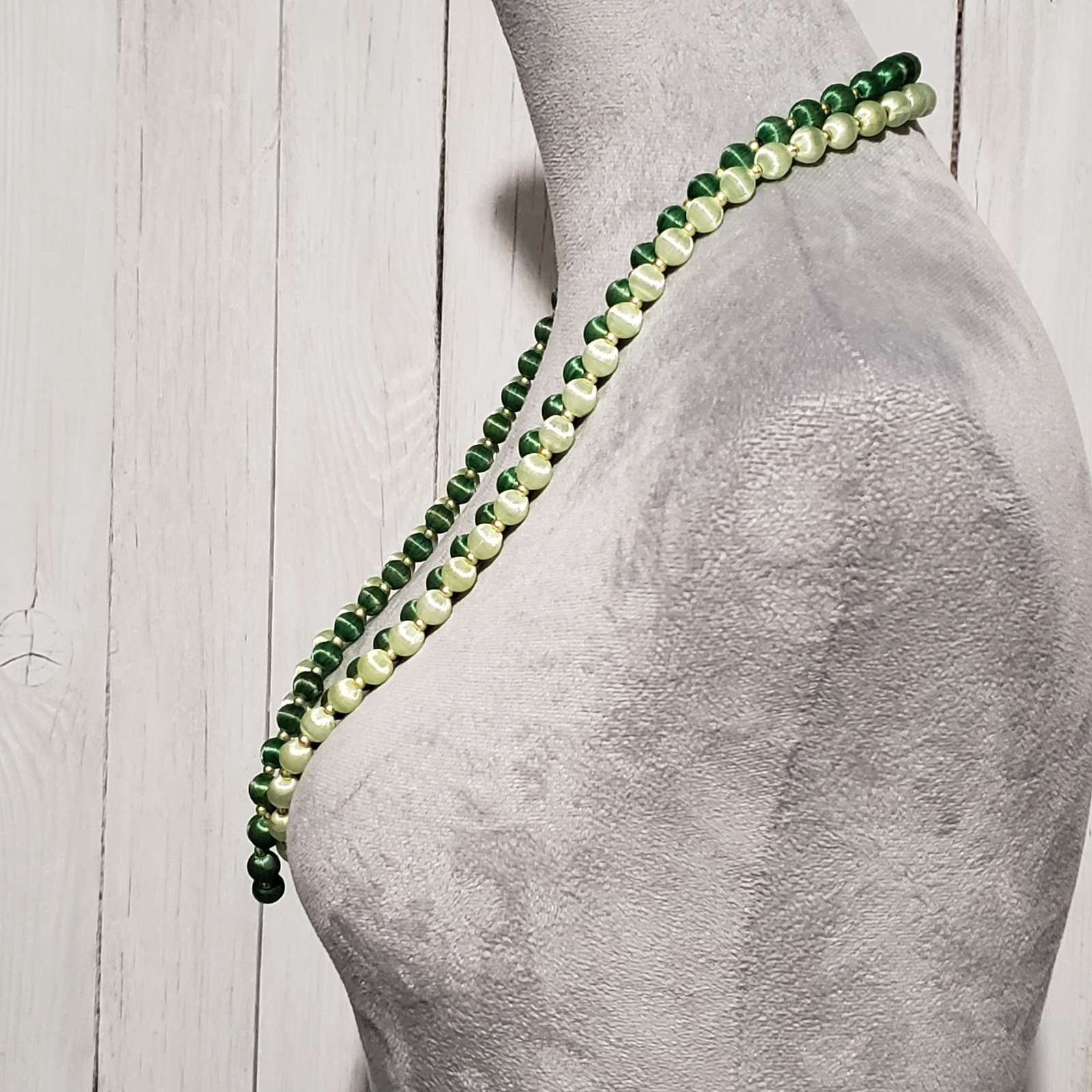 VTG Bead Necklaces Set of 2 Green Silk Satin Wrapped Boho Coquette Retro Artsy