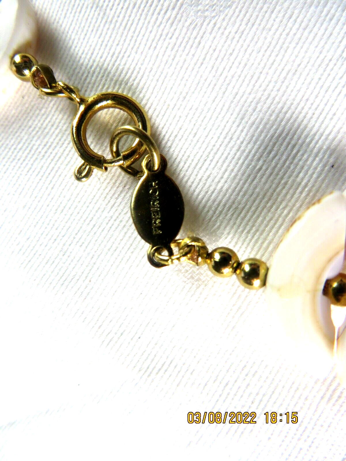 FREIRICH NWOT Natural Shell White 1/2 Moon-Crescent Gold Tone Balls 10″ Necklace