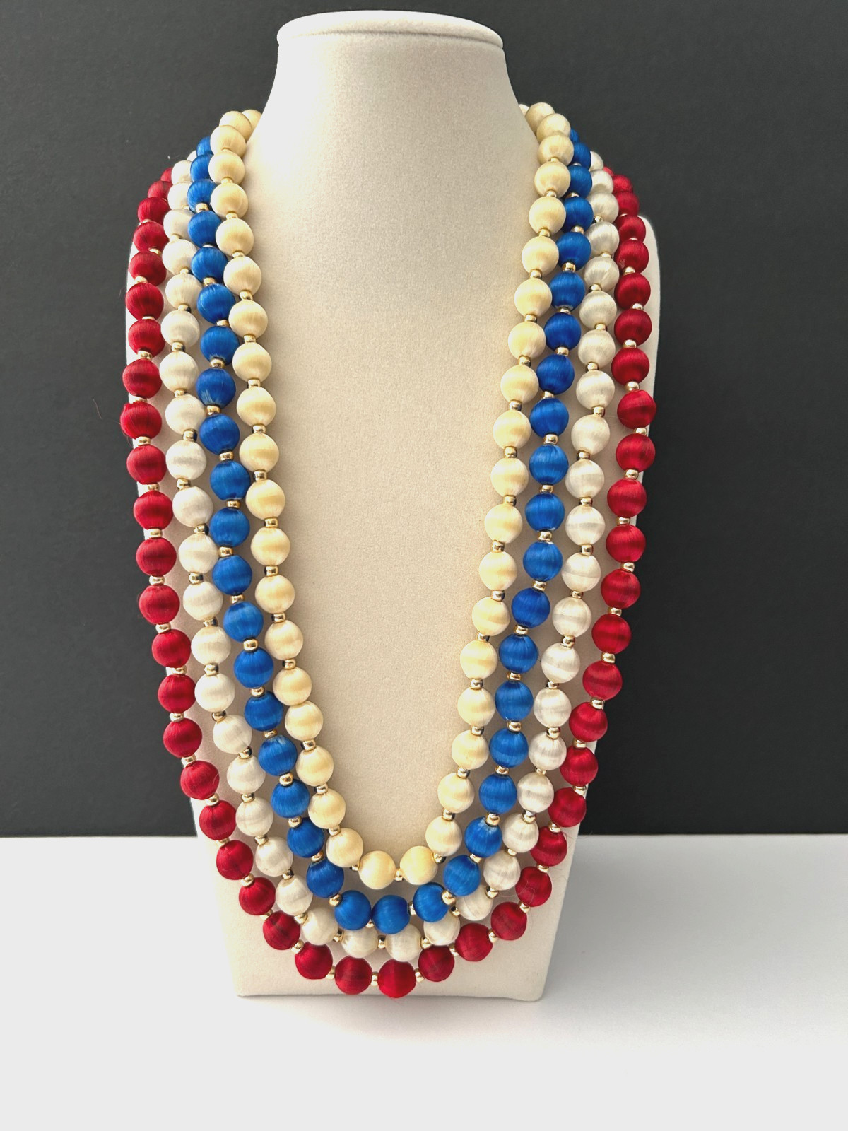 4 Vintage Cream RED WHITE & BLUE Silk Satin Thread Beaded Necklaces 4Th of July