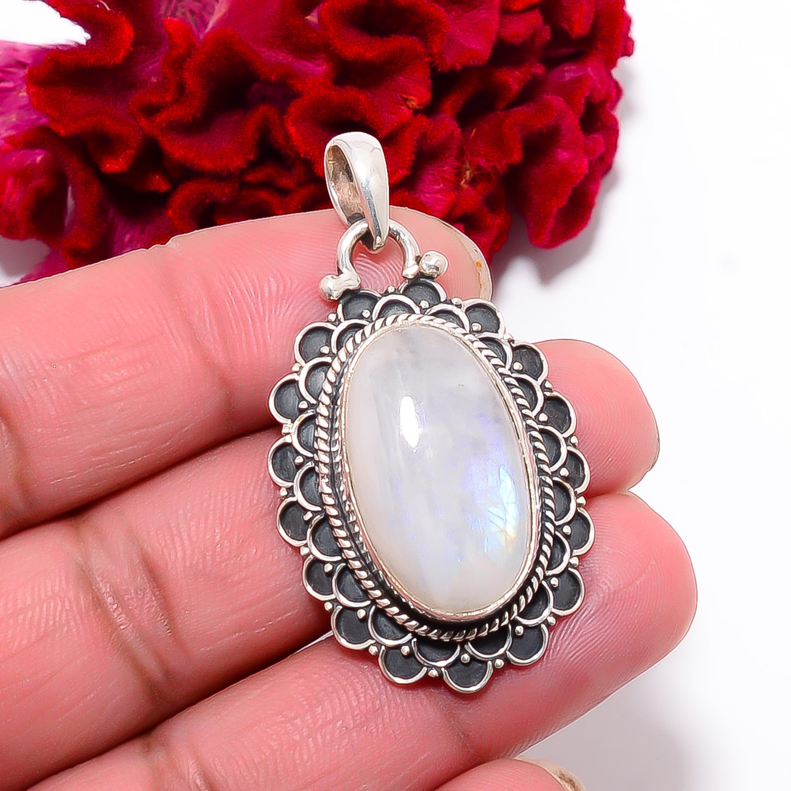 Rainbow Moonstone – India Handmade 925 Sterling Silver Pendant 1.87″ P99927