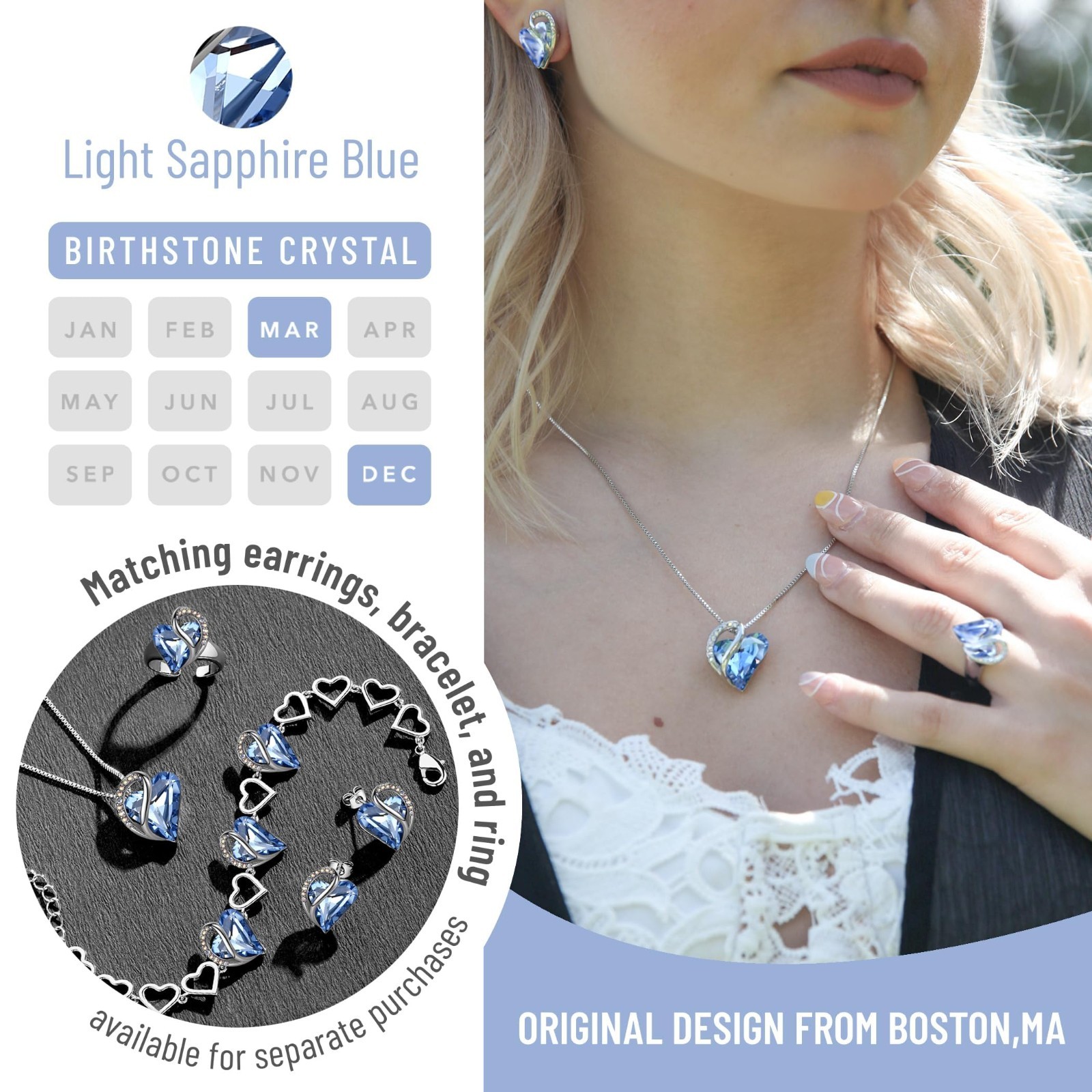 Infinity Love Birthstone Heart Crystal Pendant Necklace – Adjustable 18″ + 2″ Ch