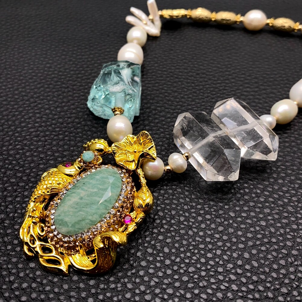 Cultured White Pearl Quartz Double Point Necklace Green Amazonite Cz Pendant