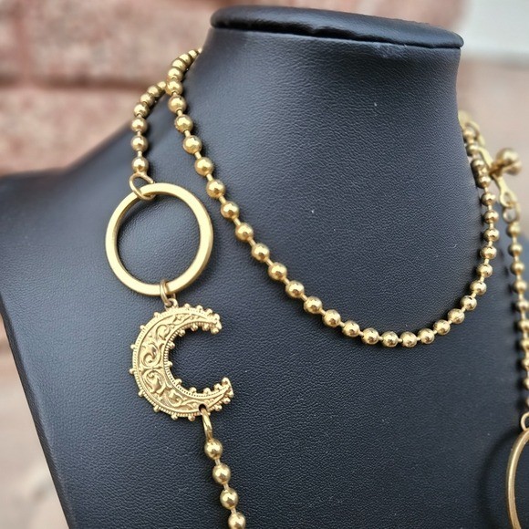 Gold Celestial Charm Necklace Women’s Jewelry Planet Moon Stars Jack Ball Chain
