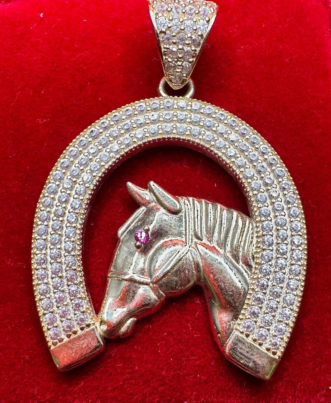 14K Yellow Gold Horseshoe Horse Head Pendant Cubic Zirconia/Ruby