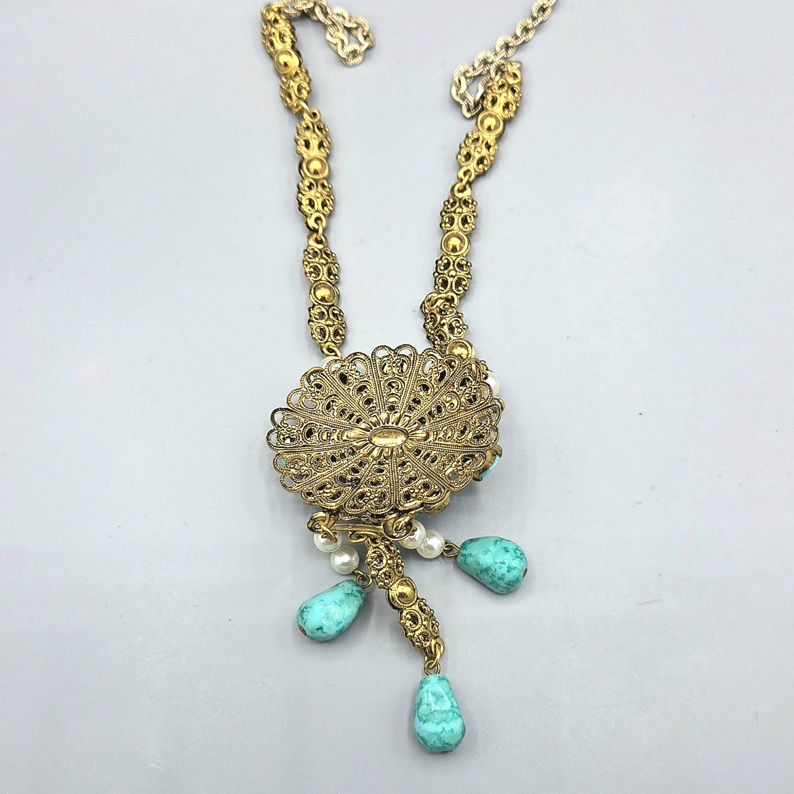 WEST GERMANY Turquoise Mottled Art Glass Drop Faux Pearl Sautoir Necklace 26″