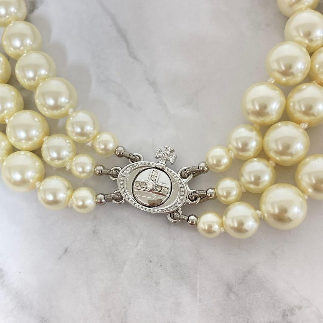 Vivienne Westwood Necklace 3-strand Pearl Drop Silver w/drawstring [E0155