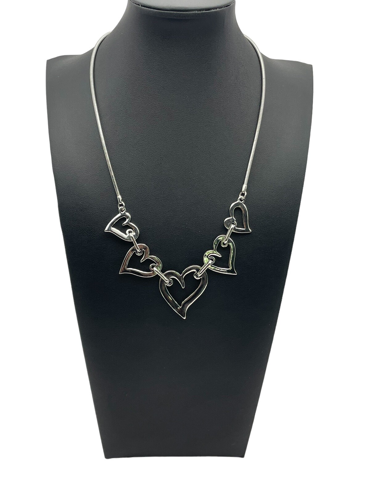 Open Heart Shiny Silver Tone Link Collar Necklace Adjustable Modern Contemporary