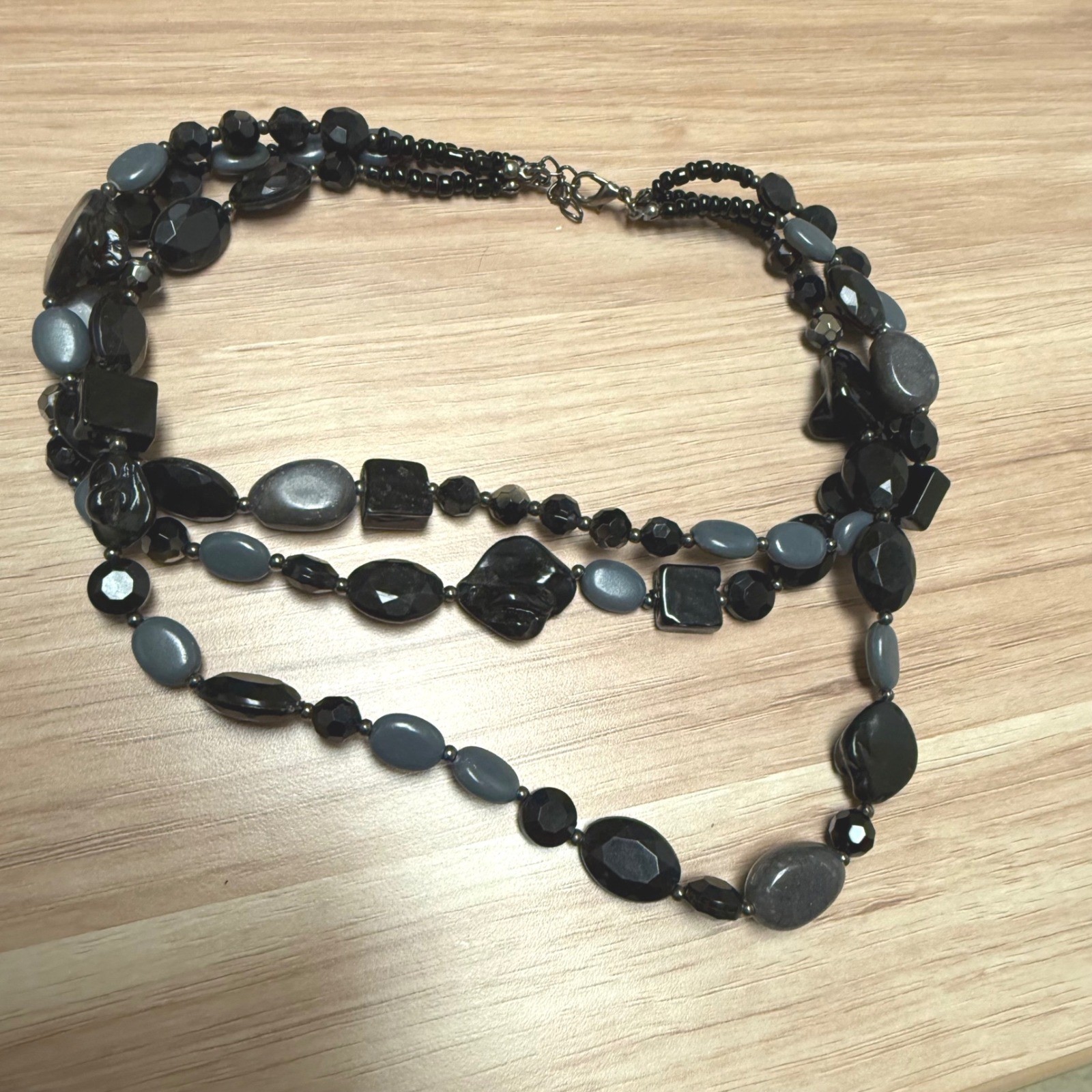 Black Grey Multi Strand Beaded Statement Necklace Layered Chunky Adjustable