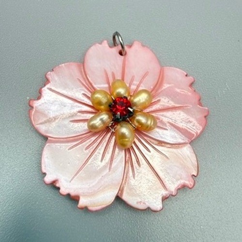 Pink Mother of Pearl Flower Pendant Red Rhinestone Cultured Pearls Tropical