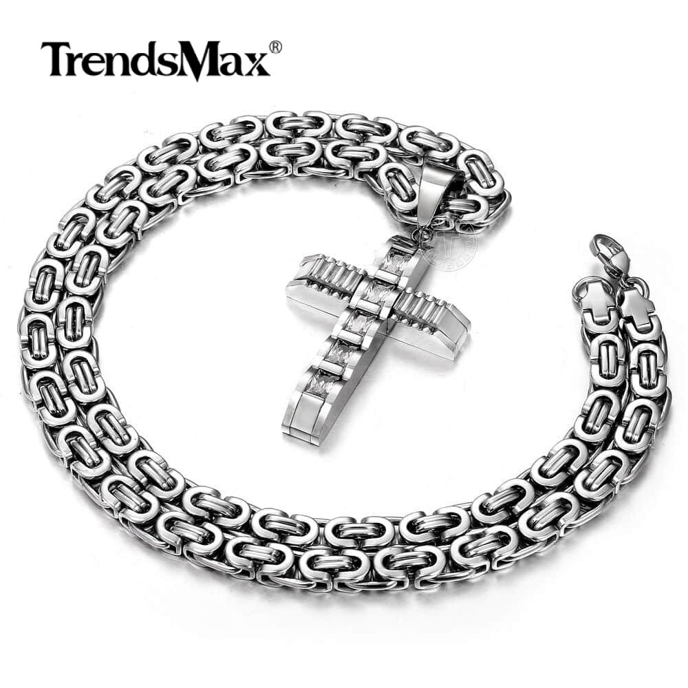 Cubic Zirconia CZ Cross Necklace Pendant Stainless Steel Byzantine Box Chain Men